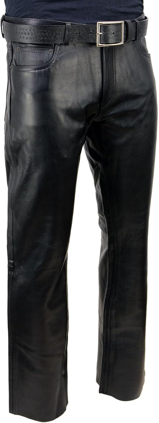 Pantalon de motard à jambe droite en cuir véritable pour hommes