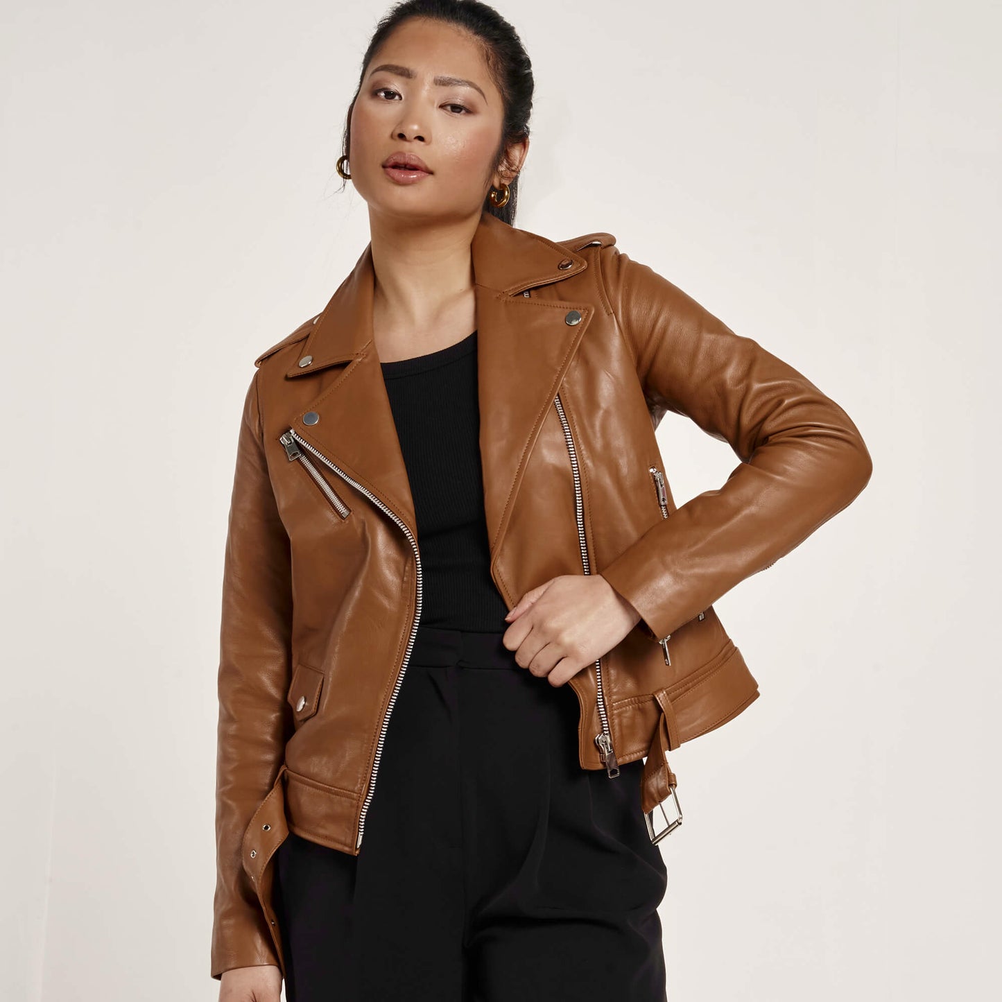 Women's Tan Leather Biker Jacket