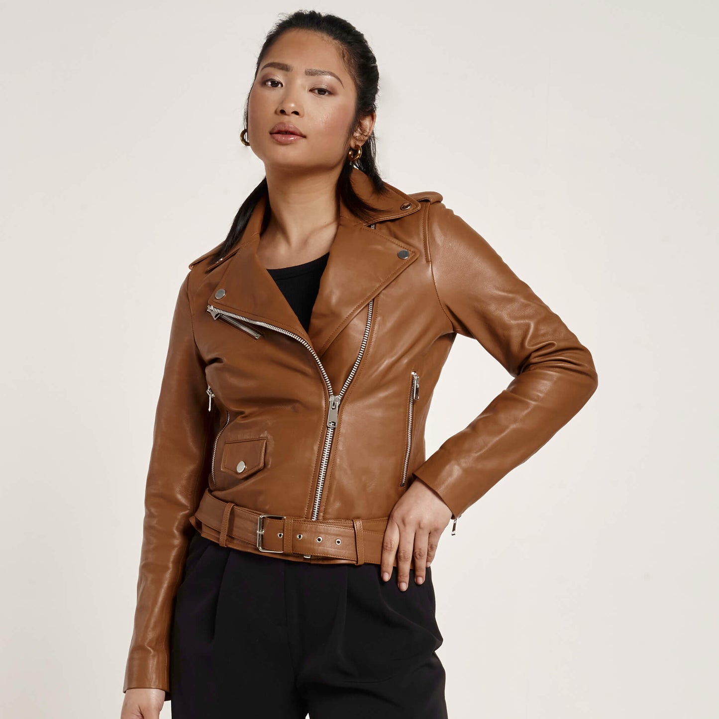 Women's Tan Leather Biker Jacket