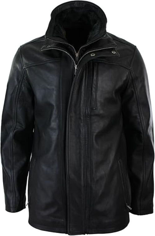 Men's Black Genuine Leather 3/4 Safari Coat Jacket