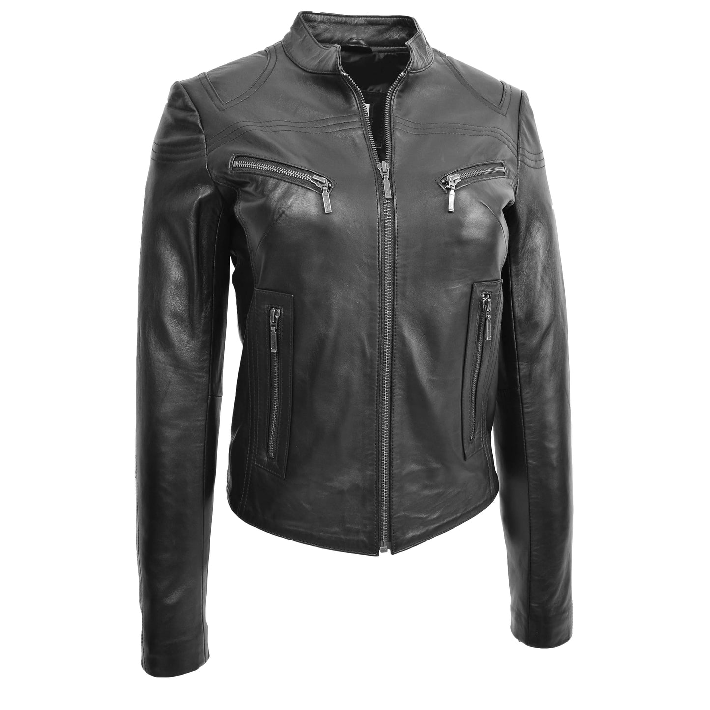 Women's Black Genuine Leather Racer Neck Jacket