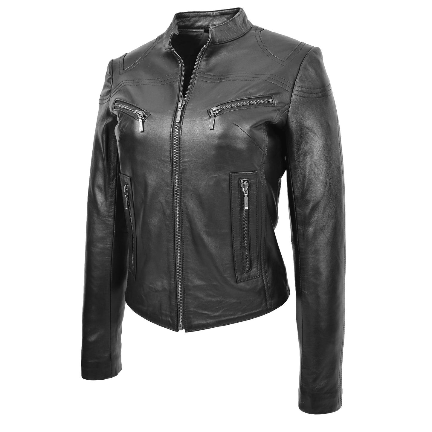 Women's Black Genuine Leather Racer Neck Jacket
