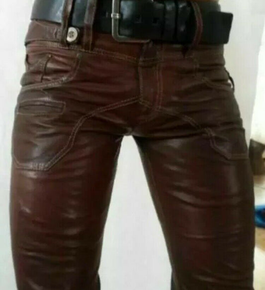 Men's Brown Genuine Leather Slim Fit Pants