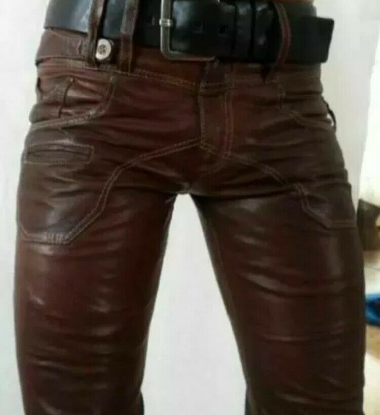 Men's Brown Genuine Leather Slim Fit Pants