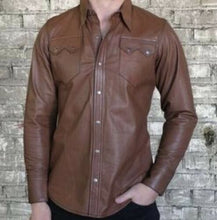 Indlæs billede til gallerivisning Men&#39;s Brown Genuine Sheep Leather Shirt

