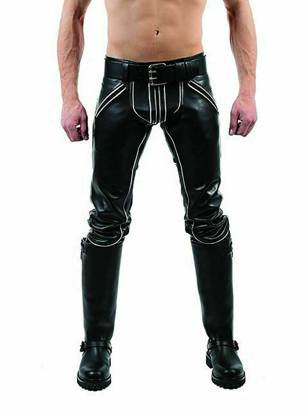 Men's Genuine Leather Rear Zip Slim Jeans Pants