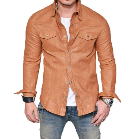 Men's Tan Genuine Leather Slim Fit Shirt