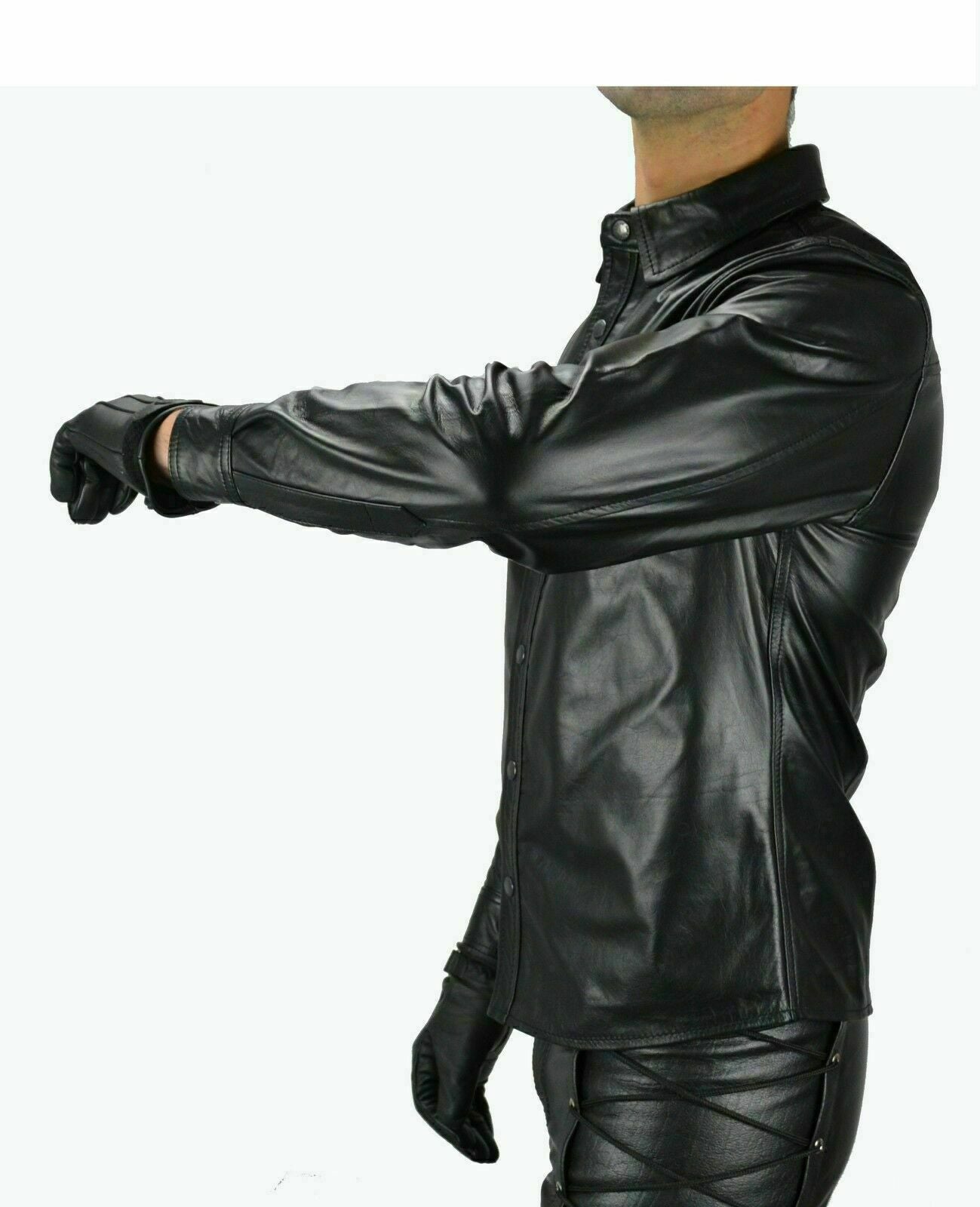 Men's Black Genuine Leather Long Sleeve Shirt