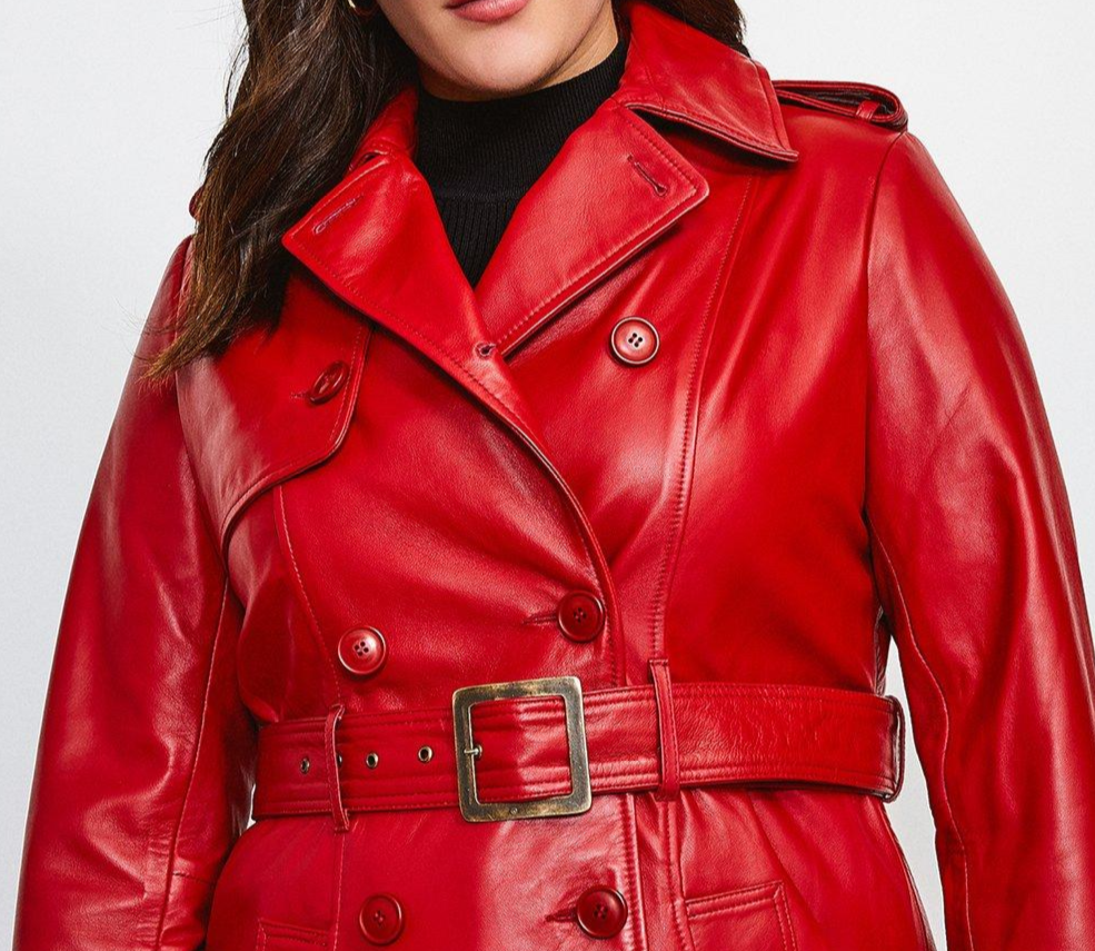 Women's Red Leather Trench Coat