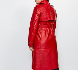 Long red sales leather trench coat