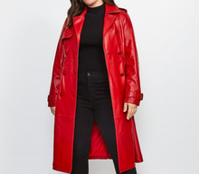 Lataa kuva Galleria-katseluun, Women&#39;s Red Leather Trench Coat

