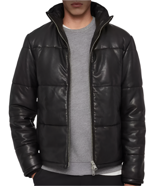 Men Leather Puffer Jacket