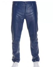 Charger l&#39;image dans la galerie, Pantalon jeans coupe slim homme en cuir véritable bleu
