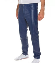 Cargar imagen en el visor de la galería, Men&#39;s Blue Genuine Leather slim fit jeans pants
