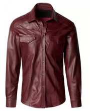 Afbeelding in Gallery-weergave laden, Men&#39;s Maroon Leather Slim Fit Shirt

