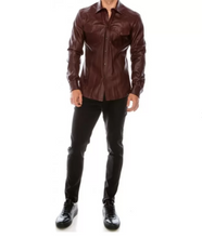 Afbeelding in Gallery-weergave laden, Men&#39;s Maroon Leather Slim Fit Shirt
