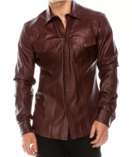 Cargar imagen en el visor de la galería, Men&#39;s Maroon Leather Slim Fit Shirt
