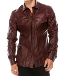 Men's Maroon Leather Slim Fit Shirt