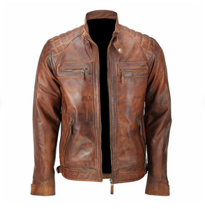 Men's Brown Racer Neck Leather Jacket