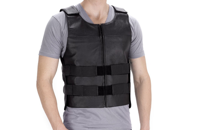 Gilet de motard style pare-balles en cuir véritable noir pour hommes