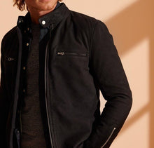 Indlæs billede til gallerivisning Men&#39;s Black Racer Nubuck Leather Jacket

