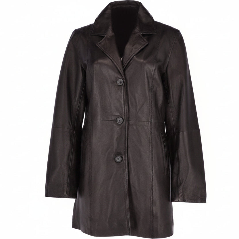 Womens Genuine Leather Single Breasted 3/4 Length Coat