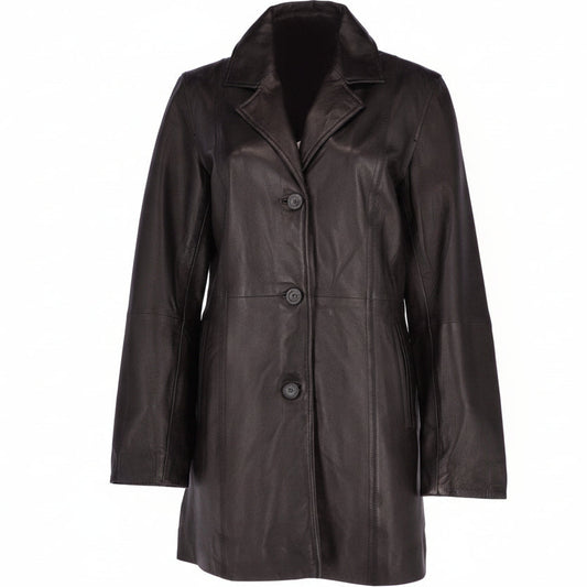 Womens Genuine Leather Single Breasted 3/4 Length Coat