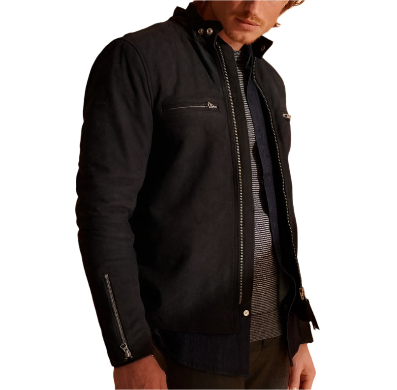 Men's Black Racer Nubuck Leather Jacket