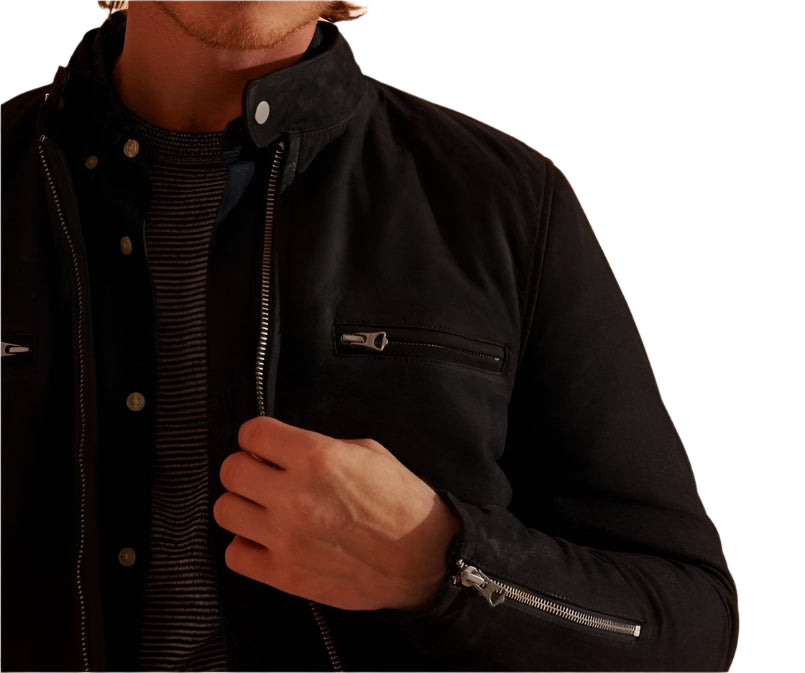 Men's Black Racer Nubuck Leather Jacket