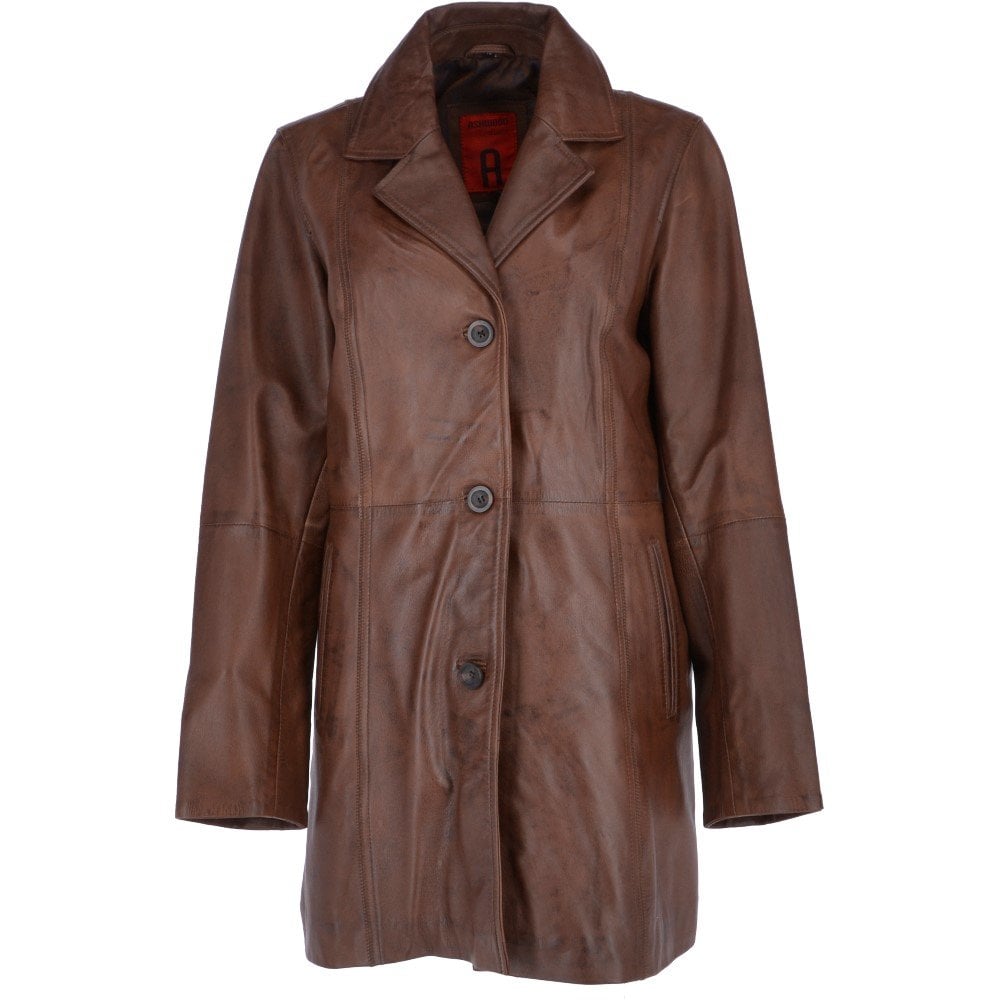 Womens Genuine Leather Single Breasted 3/4 Length Coat