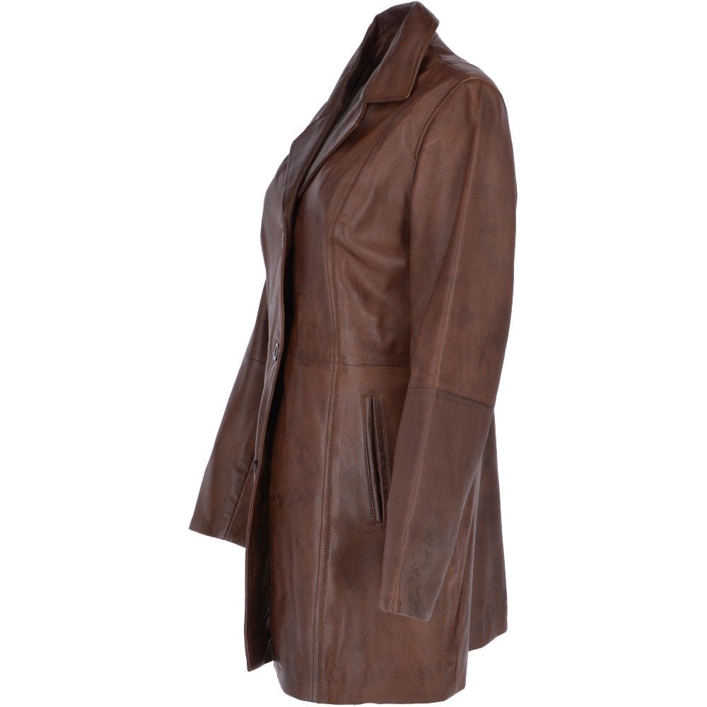 Womens Genuine Leather Single Breasted 3/4 Length Coat