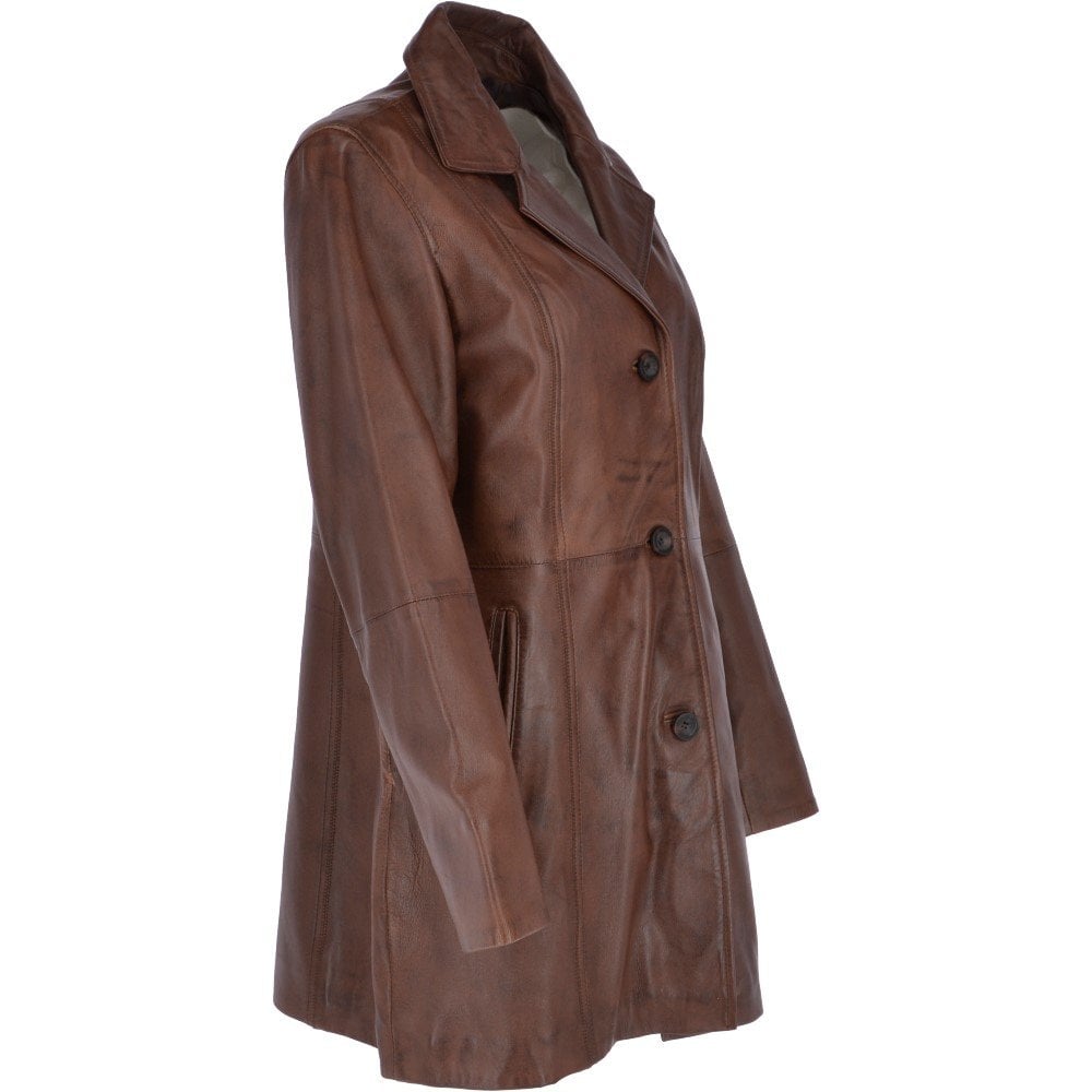 Womens Genuine Leather Single Breasted 3/4 Length Coat