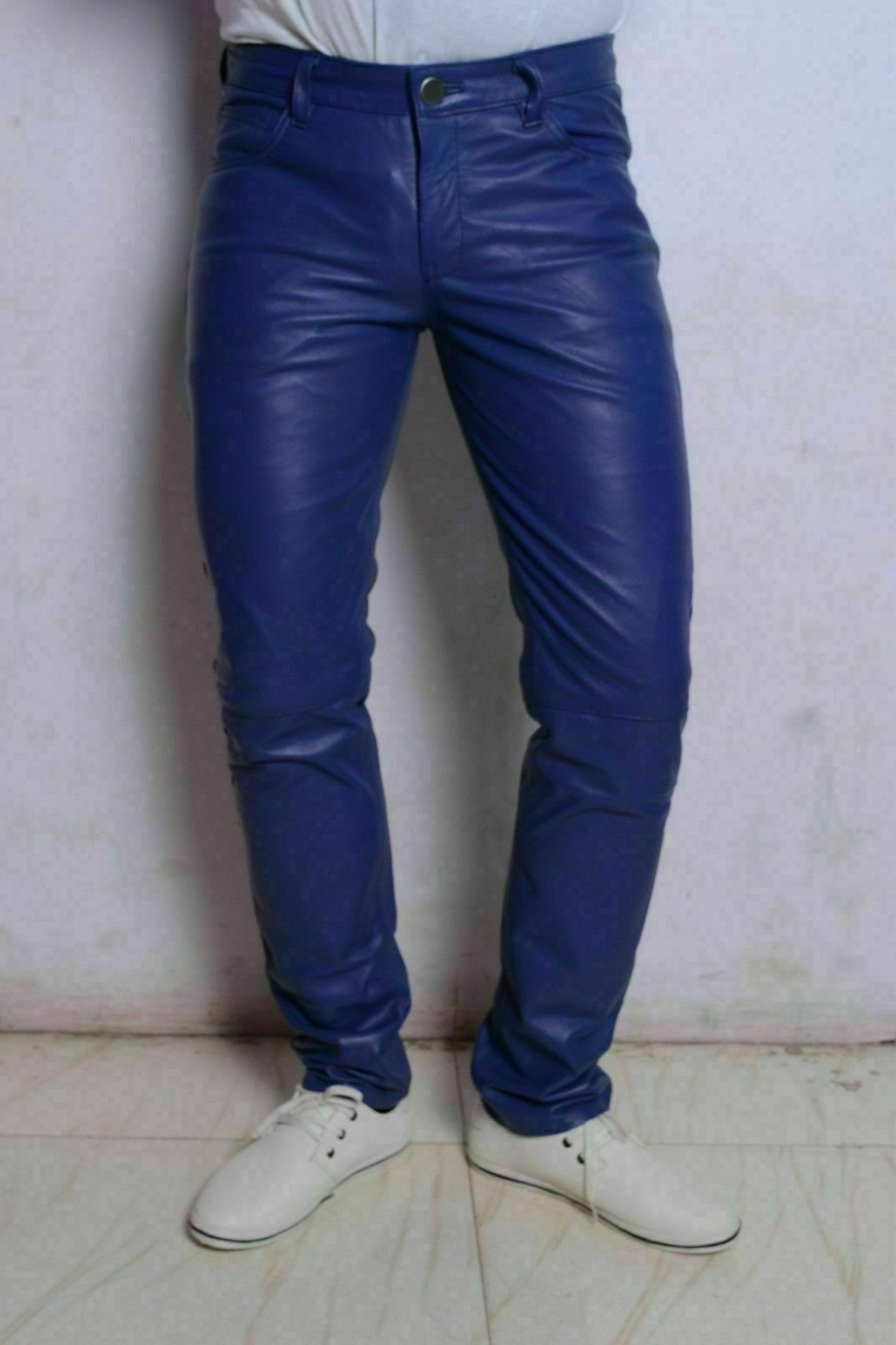 Men's Blue Genuine Leather Slim Fit Jeans Pants