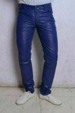 Lataa kuva Galleria-katseluun, Men&#39;s Blue Genuine Leather slim fit jeans Pants
