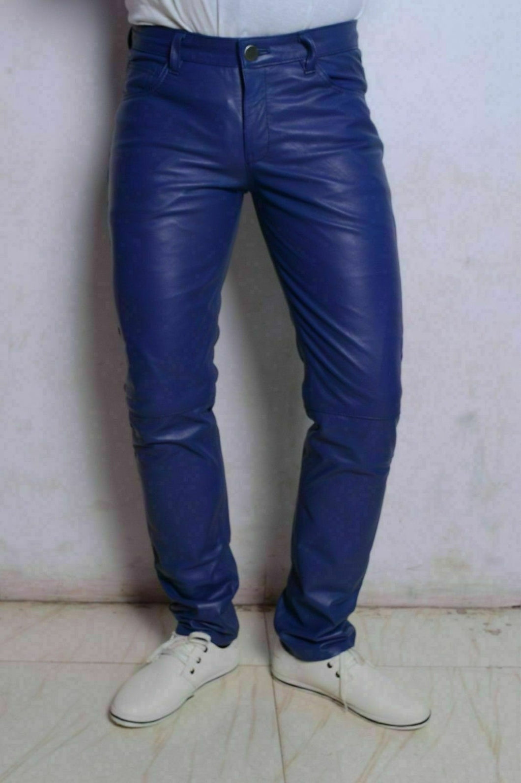 Men's Blue Genuine Leather slim fit jeans Pants