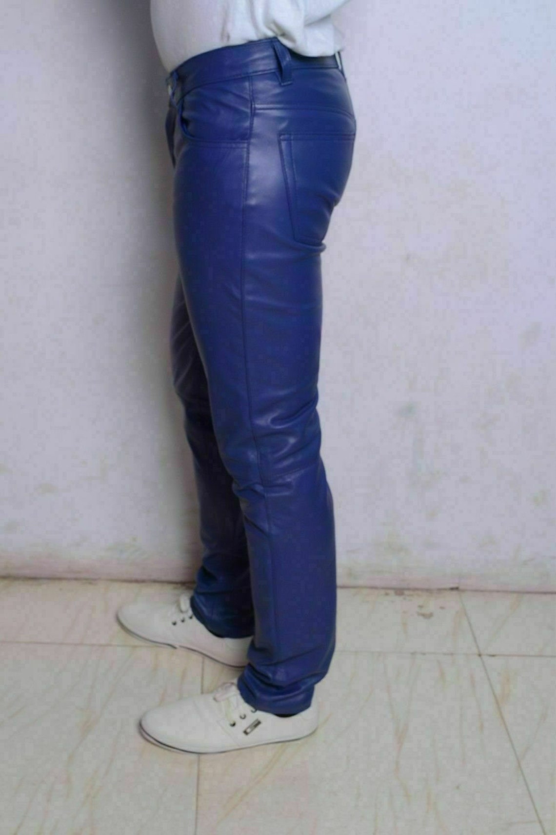 Men's Blue Genuine Leather Slim Fit Jeans Pants