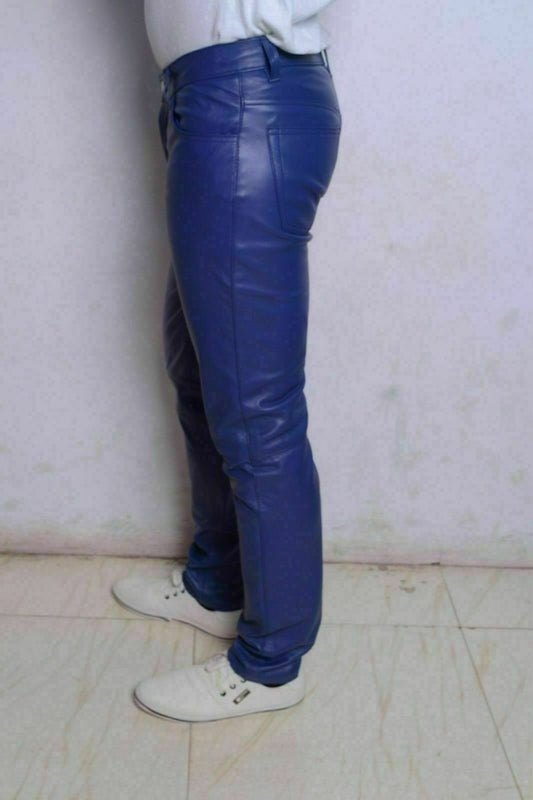 Men's Blue Genuine Leather Slim Fit Jeans Pants