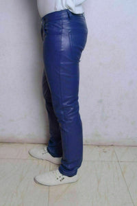 Men's Blue Genuine Leather slim fit jeans Pants