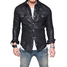 Afbeelding in Gallery-weergave laden, Men&#39;s Black Genuine Leather Slim Fit Shirt
