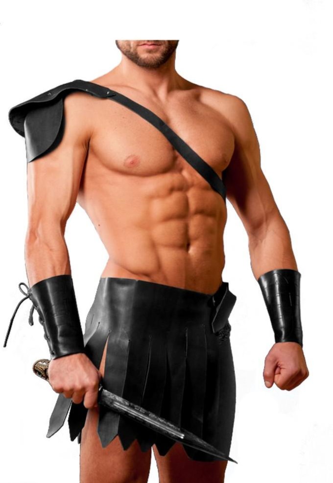 Mens Black Genuine Leather 4 Piece Kilt Set Gladiator Roman LARP