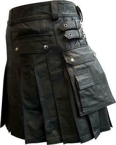 Men's Black Leather Utility Kilt Twin CARGO Pockets Pleated with Twin Buckles