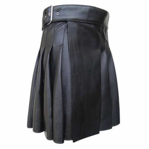 Men's Black Genuine Leather Pleated Kilt