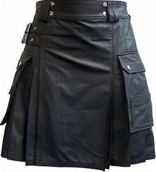 Men's Black Leather Utility Kilt Twin CARGO Pockets Pleated with Twin Buckles