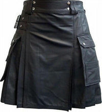 Lataa kuva Galleria-katseluun, Men&#39;s Black Leather Utility Kilt Twin CARGO Pockets Pleated with Twin Buckles
