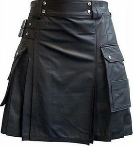 Utility-Kilt aus schwarzem Leder für Herren mit zwei CARGO-Taschen, plissiert und mit zwei Schnallen