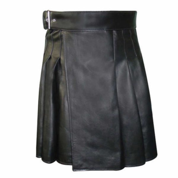 Kilt plissé noir en cuir véritable pour homme