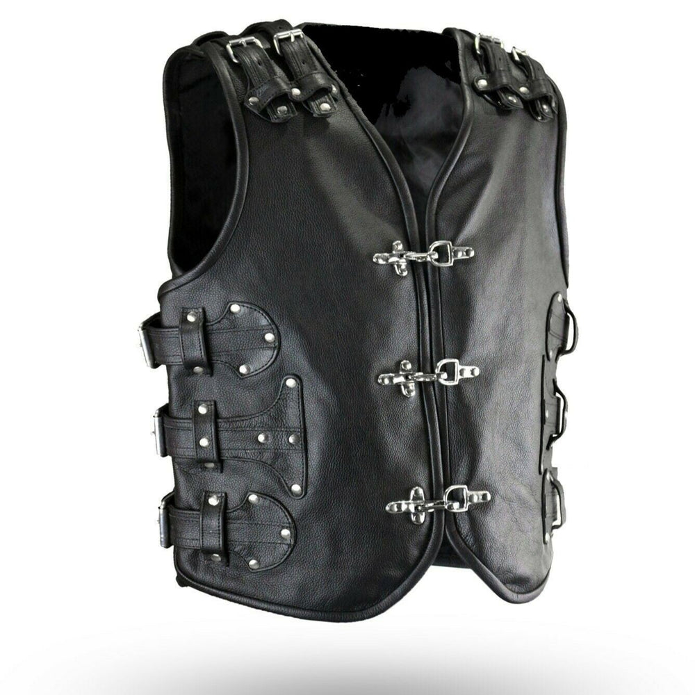 Men's Black Genuine Leather Gilet Biker Waistcoat Vest