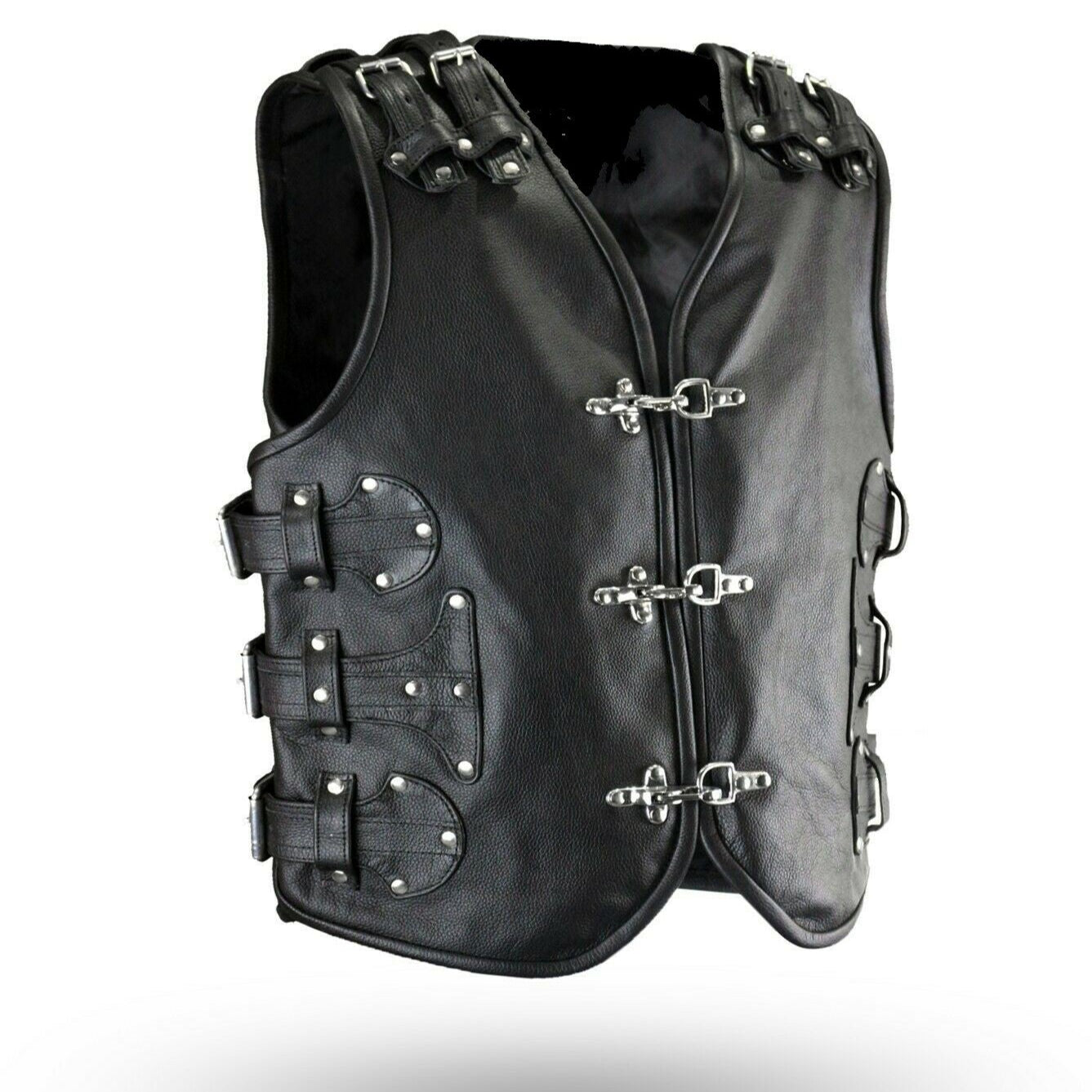 Men's Black Genuine Leather Gilet Biker Waistcoat Vest