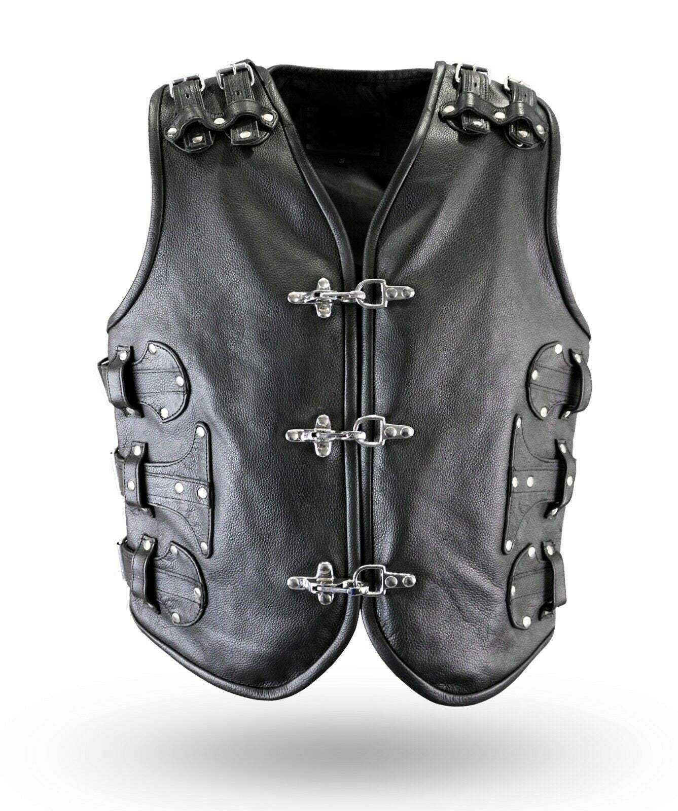 Men's Black Genuine Leather Gilet Biker Waistcoat Vest