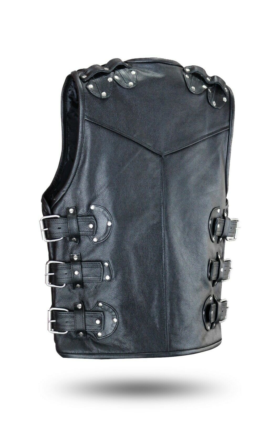Men's Black Genuine Leather Gilet Biker Waistcoat Vest